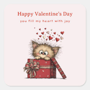 Cute Cartoon Kitten with Hearts Valentine's Day Square Sticker