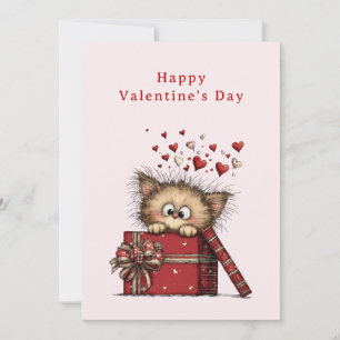 Cute Cartoon Kitten with Hearts Valentine's Holiday Card
