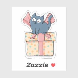 Cute Cartoon Kitty on Gift Box with Pink Ribbon