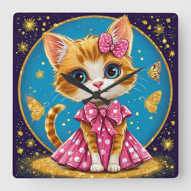 Cute cartoon kitty square wall clock (Front)
