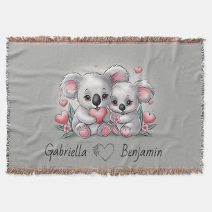 Cute Cartoon Koala Lovers Heart Valentine’s Day  Throw Blanket