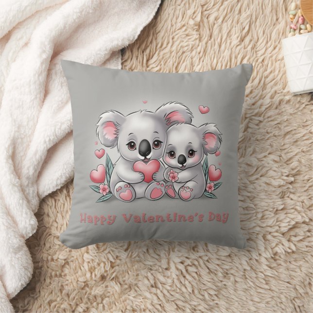 Cute Cartoon Koala Lovers Hearts Valentine’s Day Throw Pillow (Blanket)