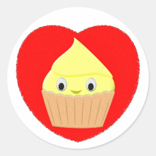 Cute Cartoon Lemon Cupcake In Red Heart  Classic R Round Sticker