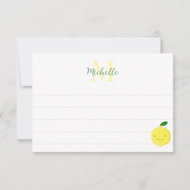 Cute Cartoon Lemon Custom Lined Monogram Card (Front)