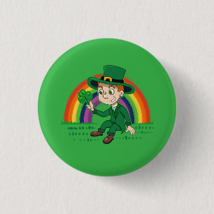 Cute cartoon leprechaun with shamrock and rainbow 1 inch round button