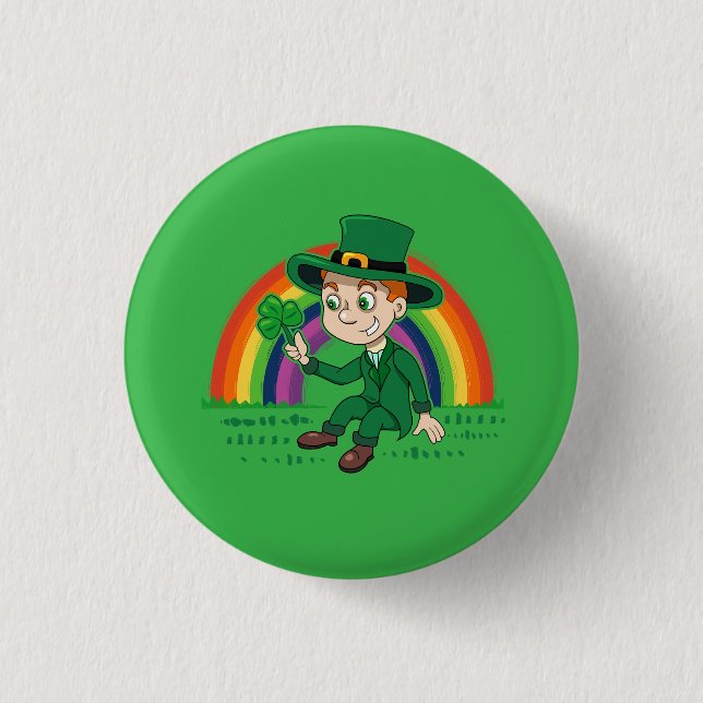 Cute cartoon leprechaun with shamrock and rainbow 1 inch round button (Front)