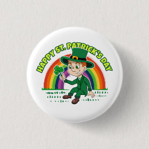 Cute cartoon leprechaun with shamrock and rainbow 1 inch round button