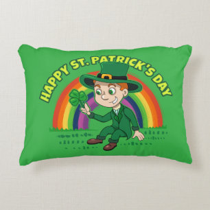 Cute cartoon leprechaun with shamrock and rainbow accent pillow