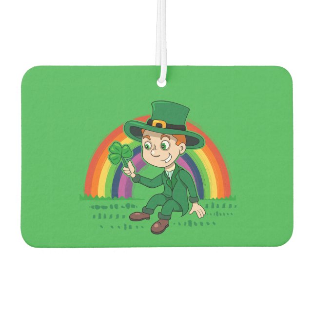 Cute cartoon leprechaun with shamrock and rainbow air freshener (Front)