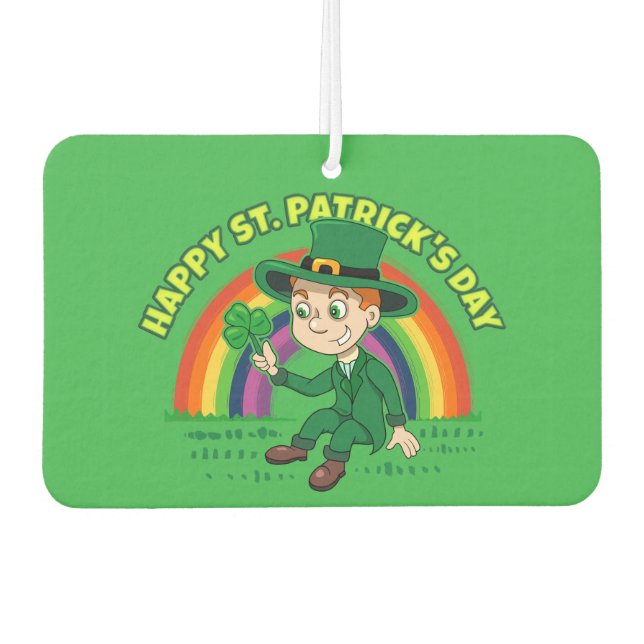 Cute cartoon leprechaun with shamrock and rainbow air freshener (Front)