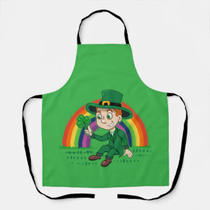 Cute cartoon leprechaun with shamrock and rainbow apron