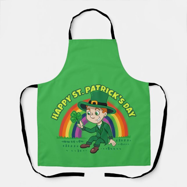 Cute cartoon leprechaun with shamrock and rainbow apron (Front)