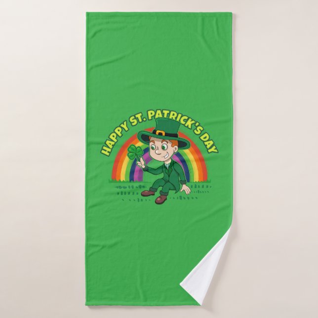 Cute cartoon leprechaun with shamrock and rainbow bath towel (Bath Towel)