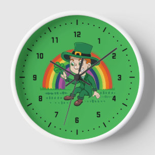 Cute cartoon leprechaun with shamrock and rainbow clock