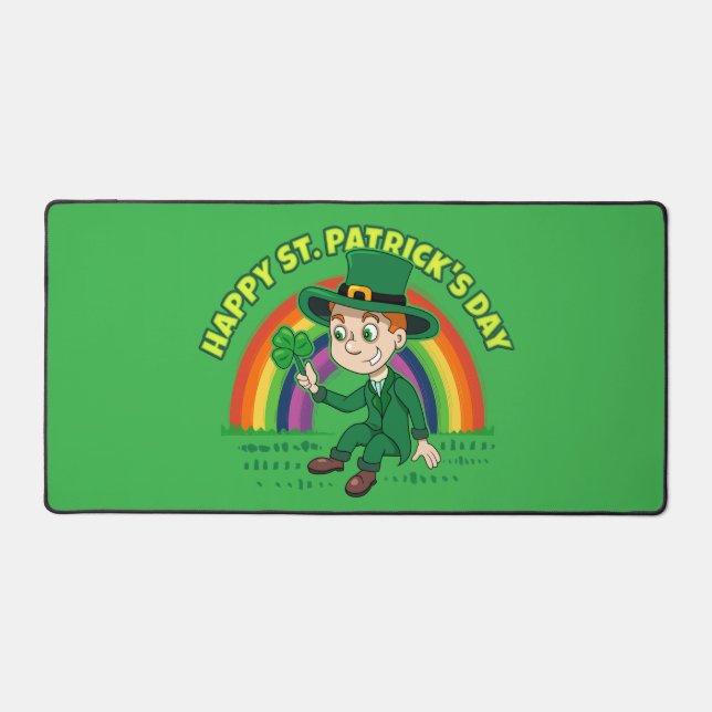 Cute cartoon leprechaun with shamrock and rainbow desk mat (Front)
