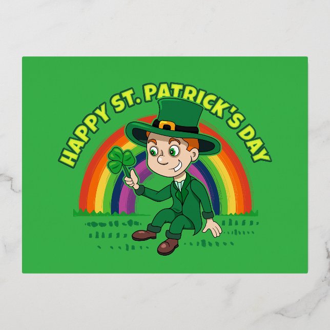 Cute cartoon leprechaun with shamrock and rainbow foil holiday postcard (Front)