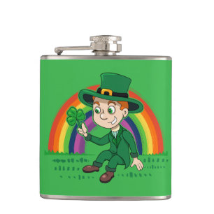 Cute cartoon leprechaun with shamrock and rainbow hip flask