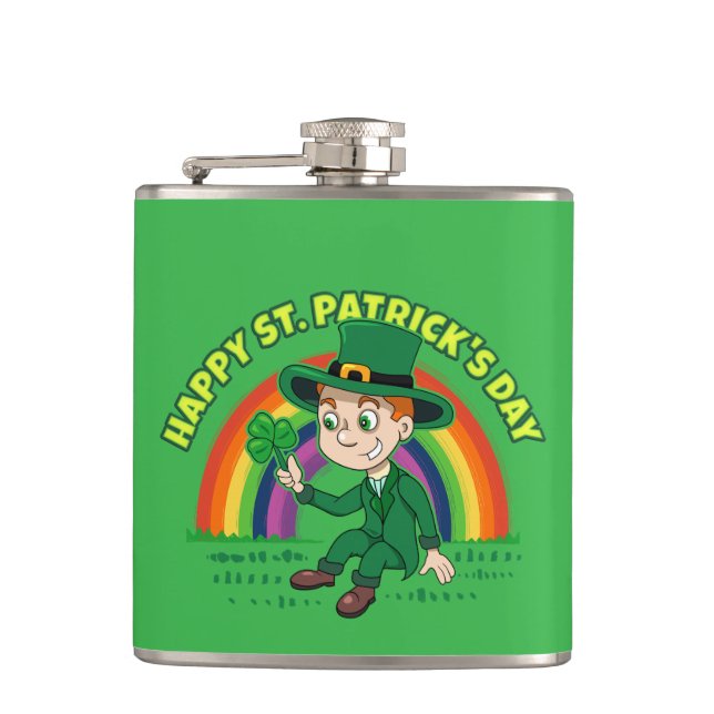 Cute cartoon leprechaun with shamrock and rainbow hip flask (Front)