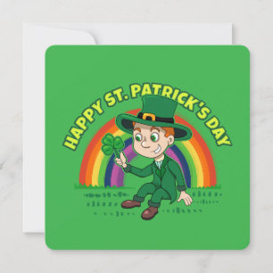 Cute cartoon leprechaun with shamrock and rainbow holiday card