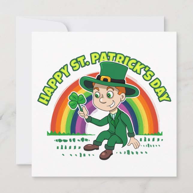 Cute cartoon leprechaun with shamrock and rainbow invitation (Front)
