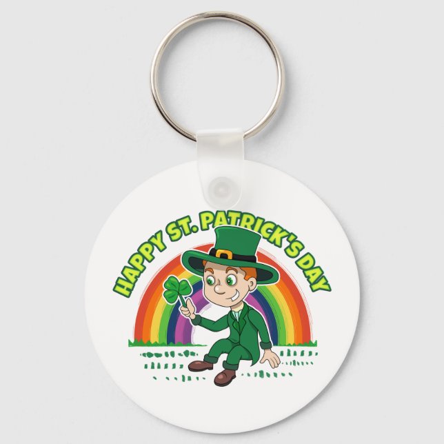 Cute cartoon leprechaun with shamrock and rainbow keychain (Front)