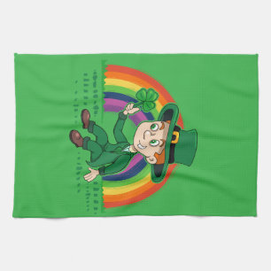 Cute cartoon leprechaun with shamrock and rainbow kitchen towel