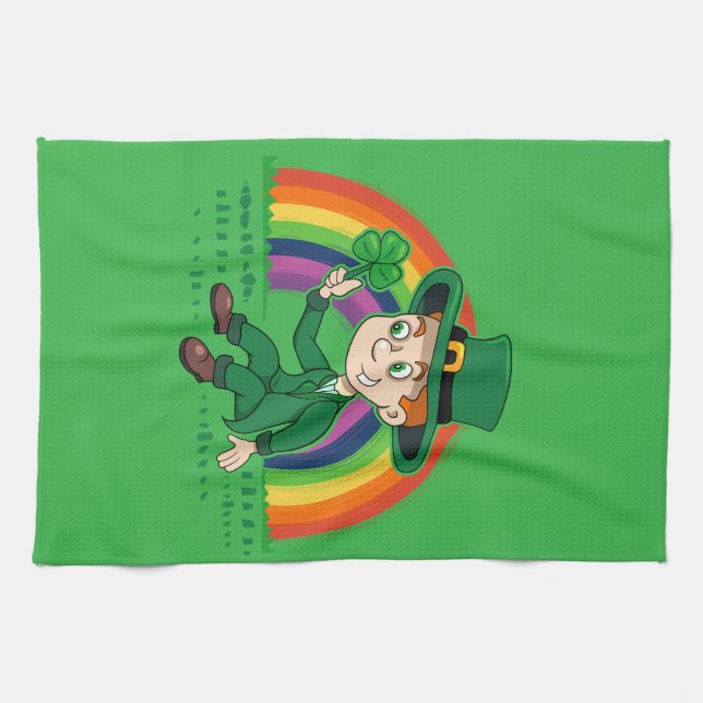 Cute cartoon leprechaun with shamrock and rainbow kitchen towel (Horizontal)