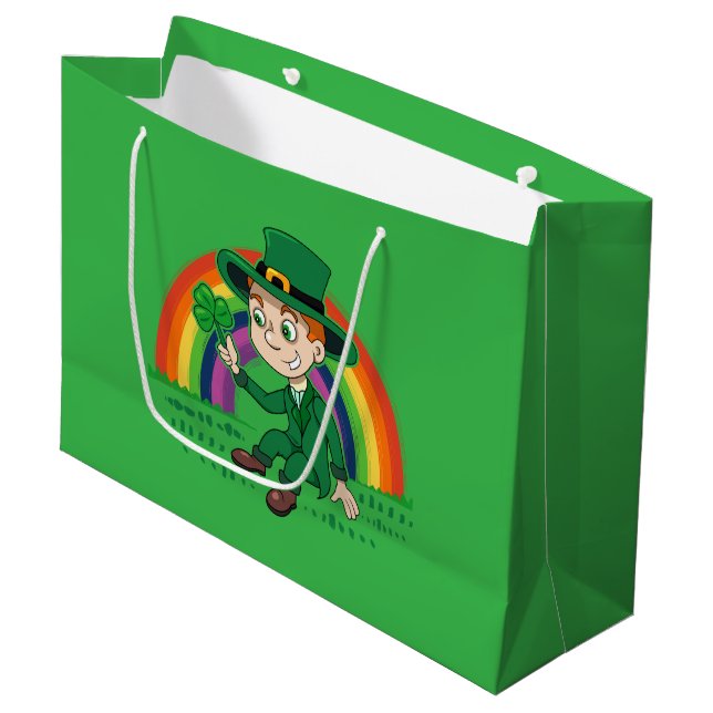 Cute cartoon leprechaun with shamrock and rainbow large gift bag (Front Angled)
