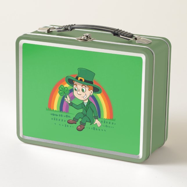 Cute cartoon leprechaun with shamrock and rainbow metal lunch box (Front)