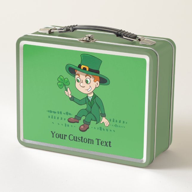 Cute cartoon leprechaun with shamrock and rainbow metal lunch box