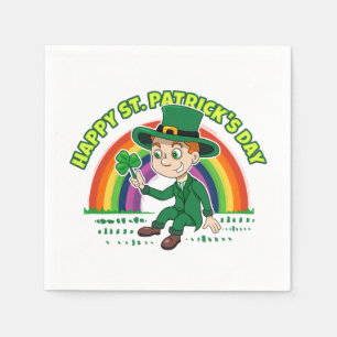 Cute cartoon leprechaun with shamrock and rainbow napkin