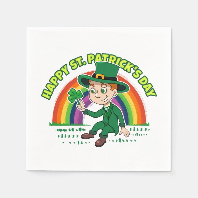Cute cartoon leprechaun with shamrock and rainbow napkin (Front)