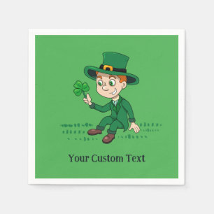 Cute cartoon leprechaun with shamrock and rainbow napkin