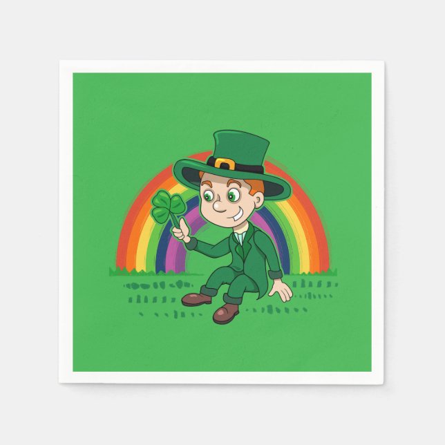 Cute cartoon leprechaun with shamrock and rainbow napkin (Front)