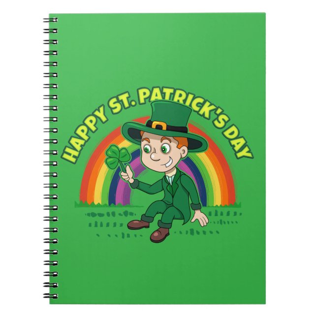 Cute cartoon leprechaun with shamrock and rainbow notebook (Front)