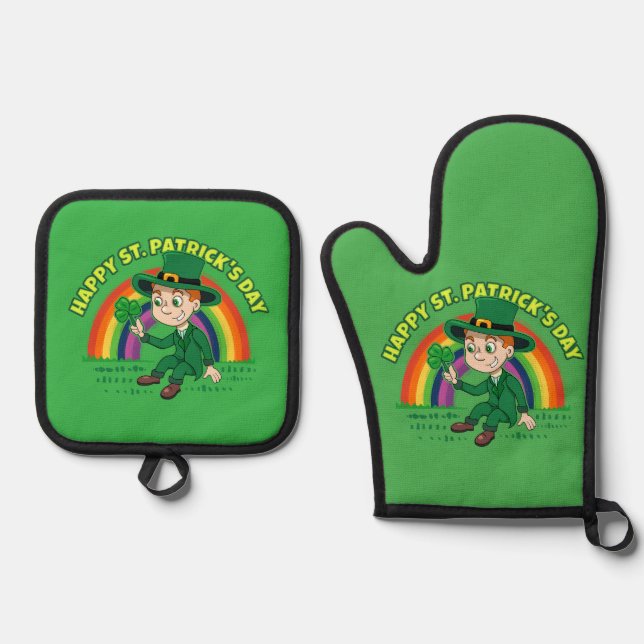 Cute cartoon leprechaun with shamrock and rainbow oven mitt & pot holder set (Front)