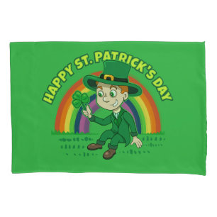 Cute cartoon leprechaun with shamrock and rainbow pillowcase