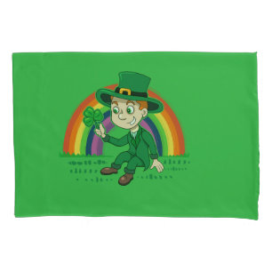 Cute cartoon leprechaun with shamrock and rainbow pillowcase