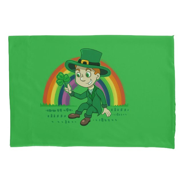 Cute cartoon leprechaun with shamrock and rainbow pillowcase (Front)