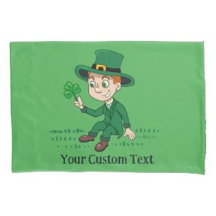 Cute cartoon leprechaun with shamrock and rainbow pillowcase