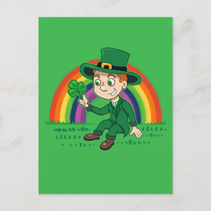 Cute cartoon leprechaun with shamrock and rainbow postcard