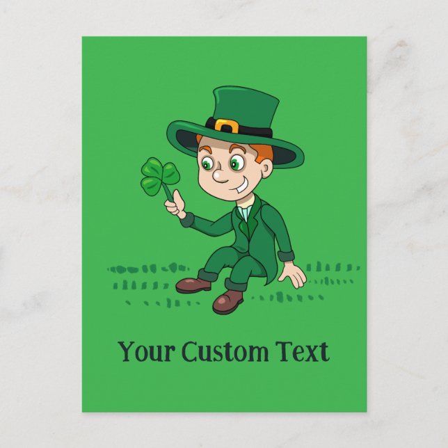 Cute cartoon leprechaun with shamrock and rainbow postcard (Front)