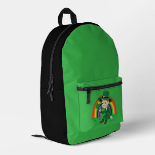 Cute cartoon leprechaun with shamrock and rainbow printed backpack