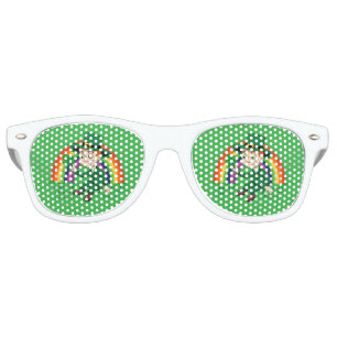 Cute cartoon leprechaun with shamrock and rainbow retro sunglasses