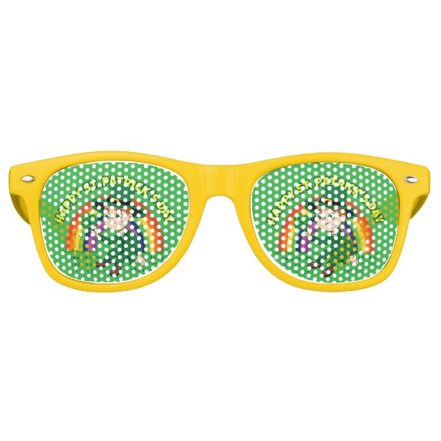 Cute cartoon leprechaun with shamrock and rainbow retro sunglasses (Front)