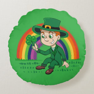 Cute cartoon leprechaun with shamrock and rainbow round pillow