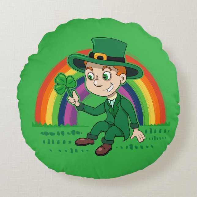 Cute cartoon leprechaun with shamrock and rainbow round pillow (Front)