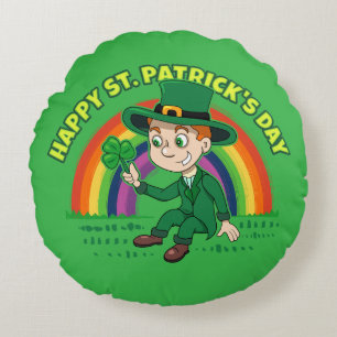 Cute cartoon leprechaun with shamrock and rainbow round pillow