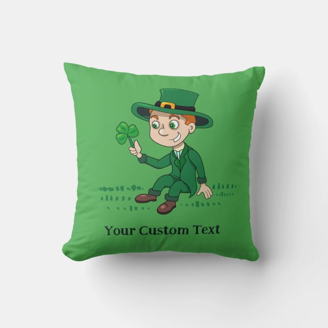 Cute cartoon leprechaun with shamrock and rainbow throw pillow (Front)