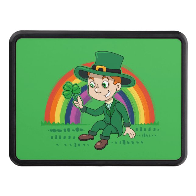 Cute cartoon leprechaun with shamrock and rainbow trailer hitch cover (Front)